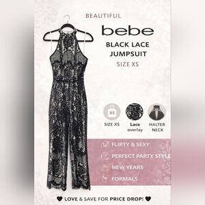 Bebe XS Black Lace Overlay Jumpsuit | Chic Sheer Detail | NWT